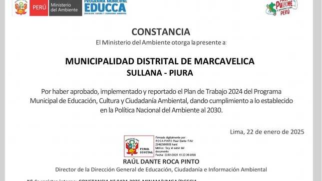 Municipalidad distrital de Marcavelica recibe reconocimiento por su compromiso ambiental