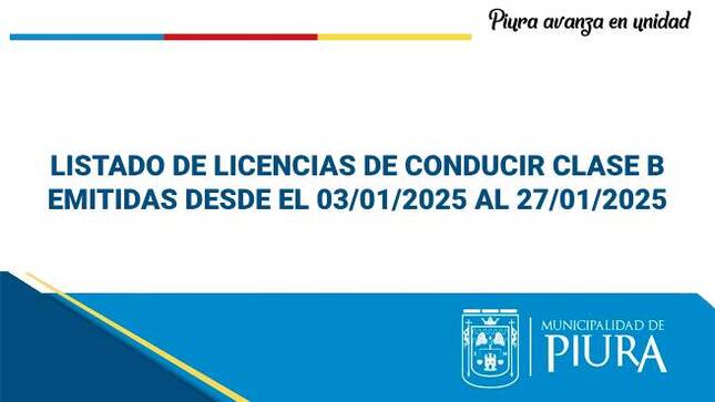 Listado de licencias de conducir clase B emitidas desde el 03/01/2025 al 27/01/2025.