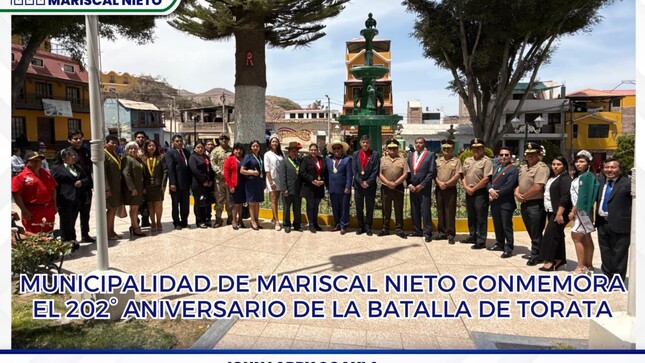 El alcalde de la Municipalidad Provincial de Mariscal Nieto, el Dr. Rudolf Gutiérrez, junto al Lic. Ángel Tito Calizaya, Sub Gerente de Desarrollo Social, participaron en los actos protocolares por el 202° aniversario de la histórica Batalla de Torata.