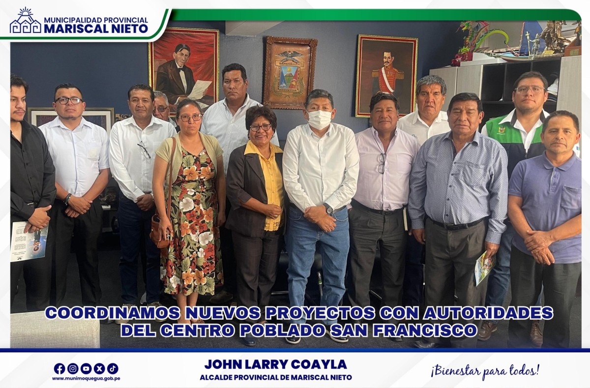 El alcalde provincial, John Larry Coayla sostuvo una reunión de coordinación con la alcaldesa del Centro Poblado de San Francisco, Mg. Aida Condori Vargas, quien estuvo acompañada de funcionarios de la municipalidad y representantes de diversas juntas vecinales del C.P. San francisco, en esta reunión se abordaron las principales necesidades y desafíos que enfrenta la comunidad.