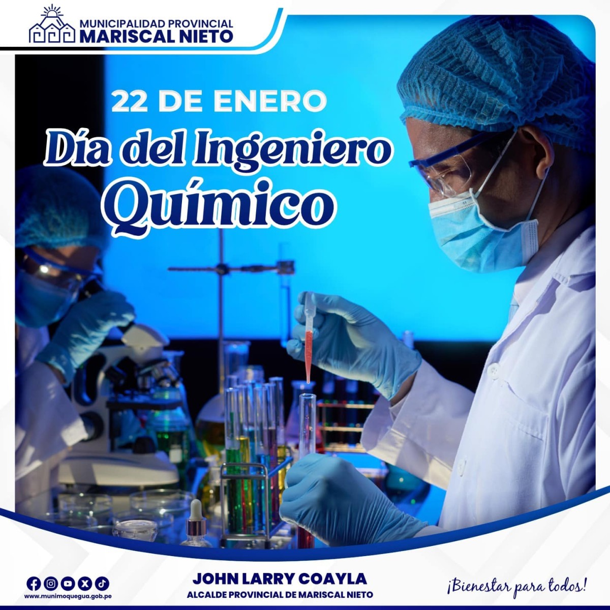 La Municipalidad Provincial Mariscal Nieto, saluda fraternalmente a todos los ingenieros químicos en este día tan especial.