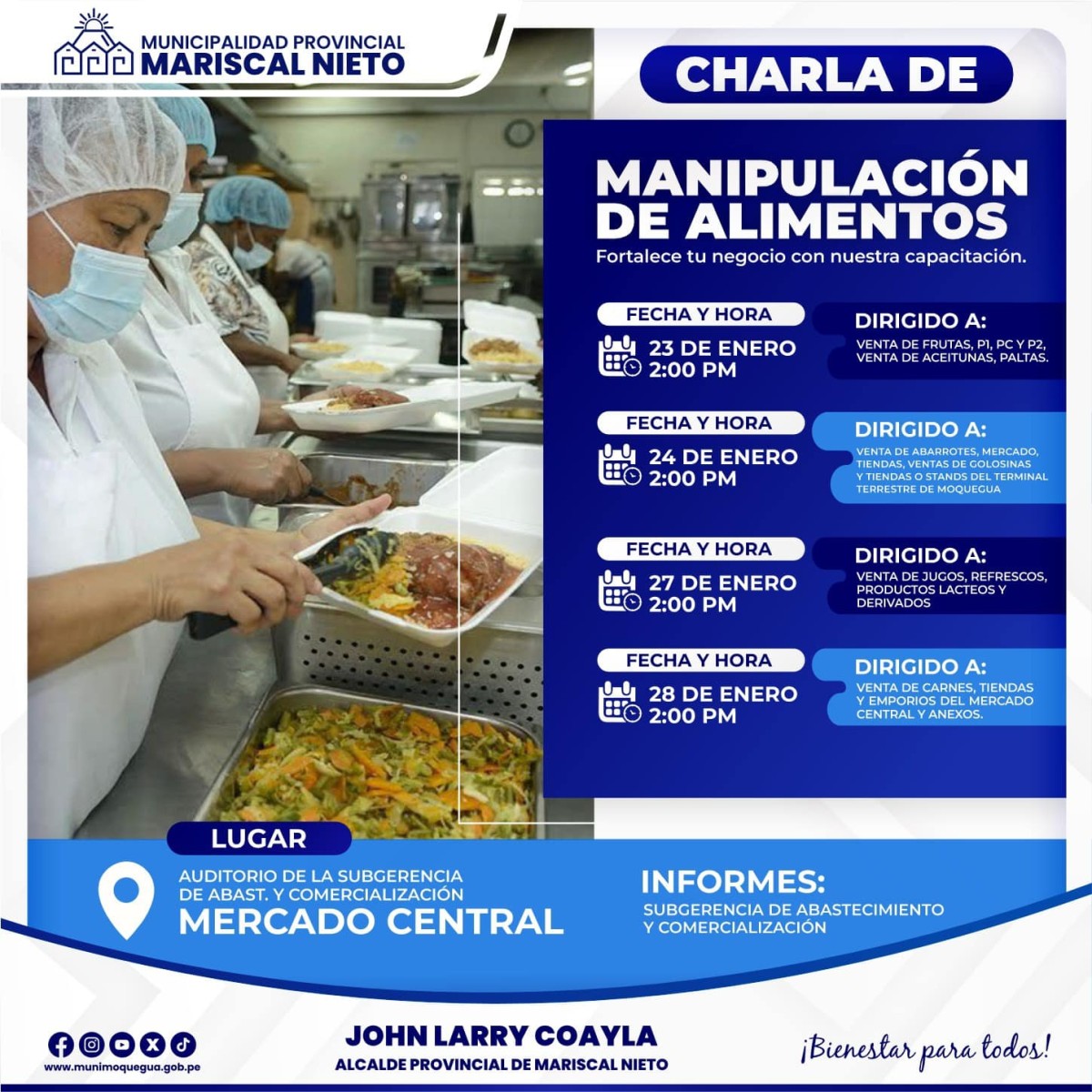 La Municipalidad Provincial Mariscal Nieto, a través de la Subgerencia de Abastecimiento y Comercialización, invita a los sectores dedicados a la expenda de alimentos y comestibles a la capacitación denominada Manipulación de Alimentos.
