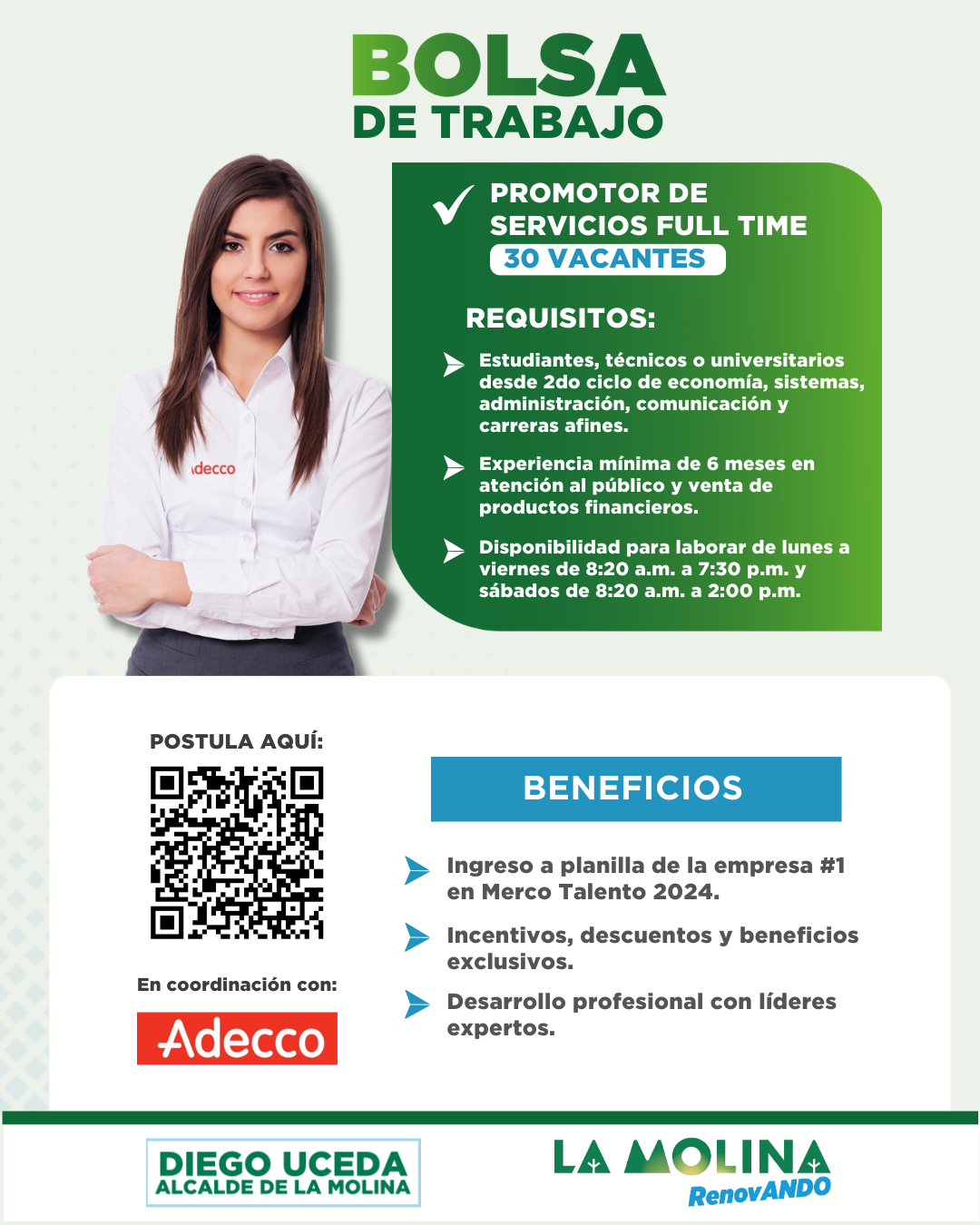 Adecco y la Municipalidad de La Molina buscan 30 promotores de servicios