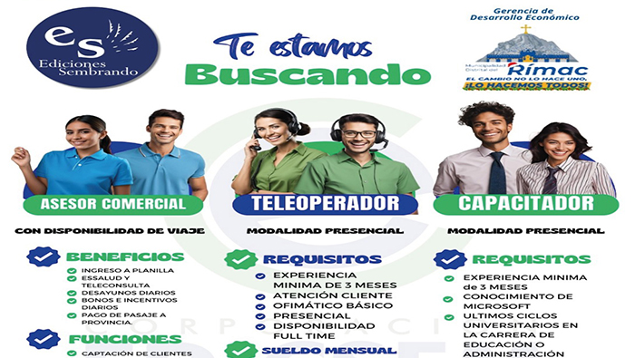 trabajo como asesor comercial, teleoperador y capacitador con sueldos muy atractivos.