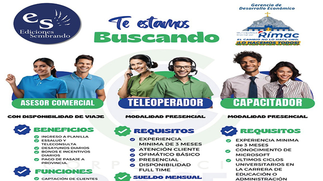 trabajo como asesor comercial, teleoperador y capacitador con sueldos muy atractivos.
