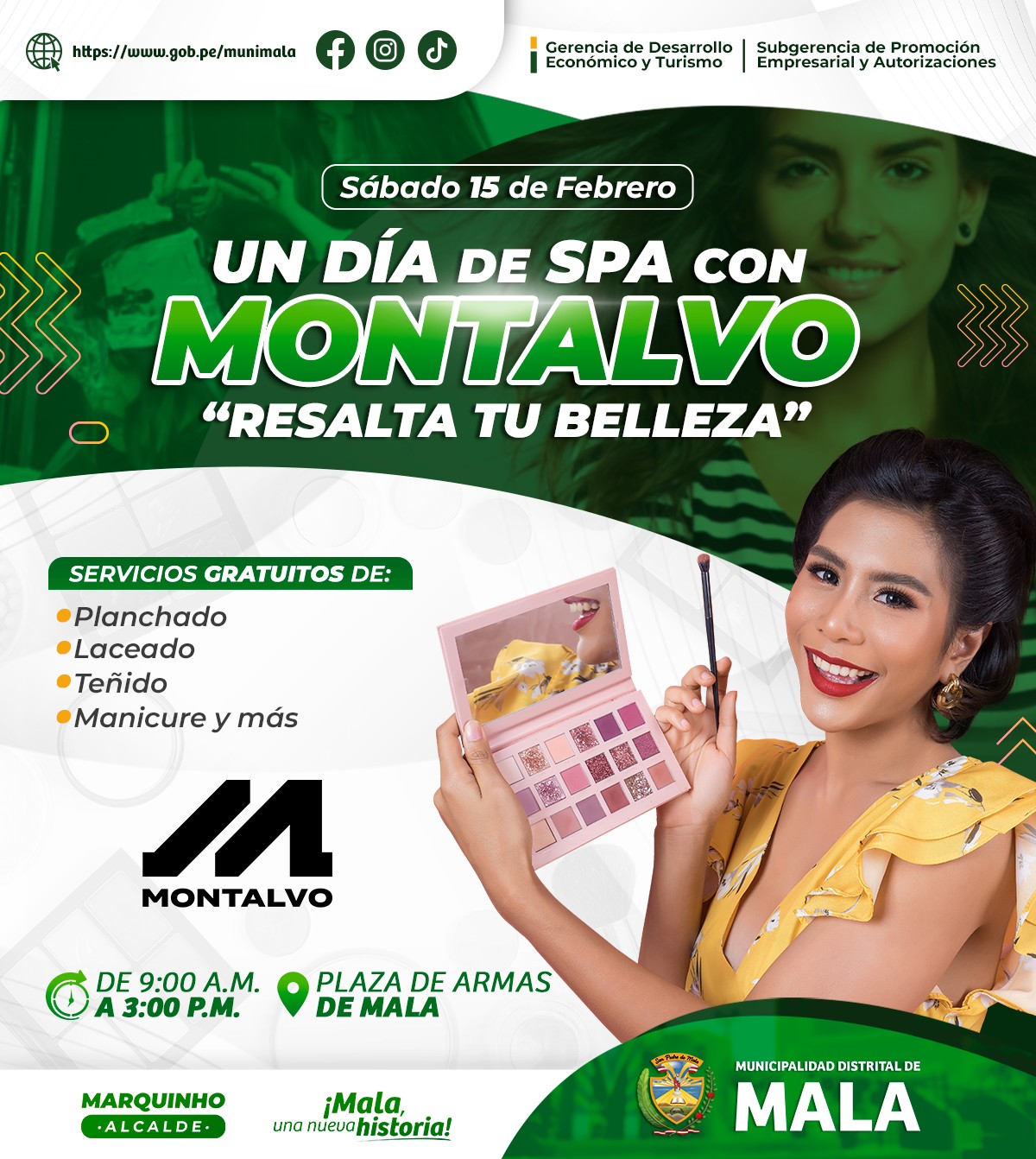 Ven y se parte de Un día de Spa con Montalvo "Resalta tu belleza", este sábado 15 de febrero de 9:00 a.m. a 3:00 p.m. en la Plaza de Armas de Mala.
Donde podras obtener servicios gratuitos de:
🔴Planchado
🔴Laceado
🔴Teñido
🔴Manicure y más
¡No te lo pierdas!
✅Gerencia de Desarrollo Económico y Turismo
✅Subgerencia de Promoción Empresarial y Autorizaciones
𝙈𝙖𝙡𝙖, 𝙪𝙣𝙖 𝙣𝙪𝙚𝙫𝙖 𝙝𝙞𝙨𝙩𝙤𝙧𝙞𝙖 🌄