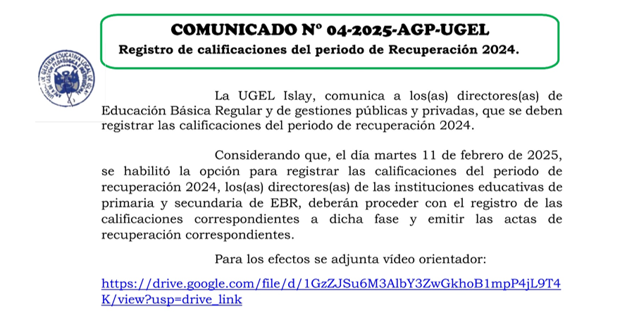 Comunicado N° 004-2025-AGP-UGEL