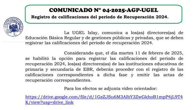 Comunicado N° 004-2025-AGP-UGEL