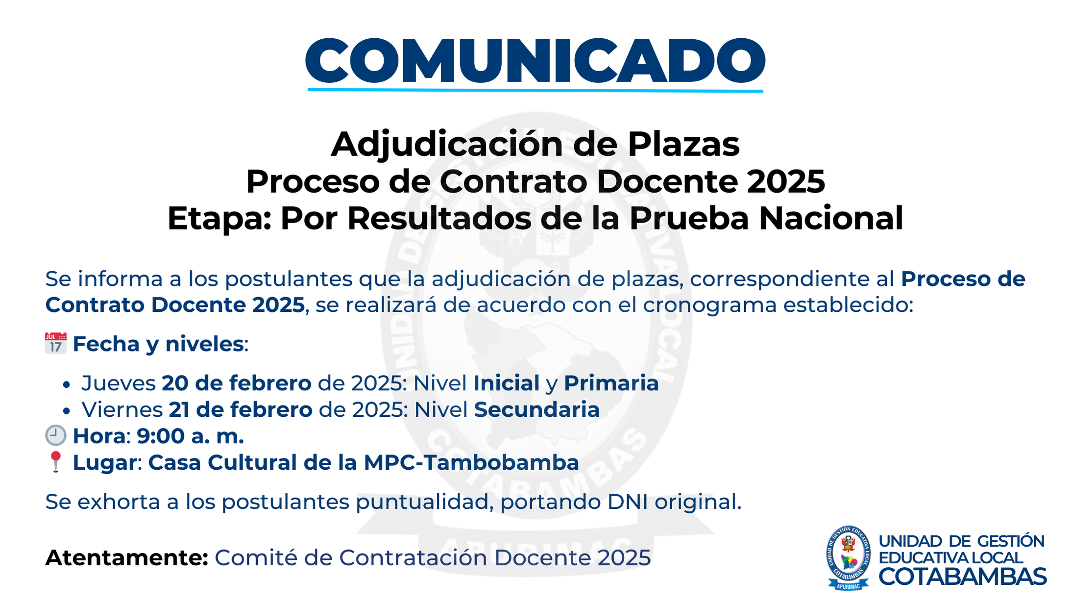 Comunicado Adjudicación de Plazas Docentes 2025