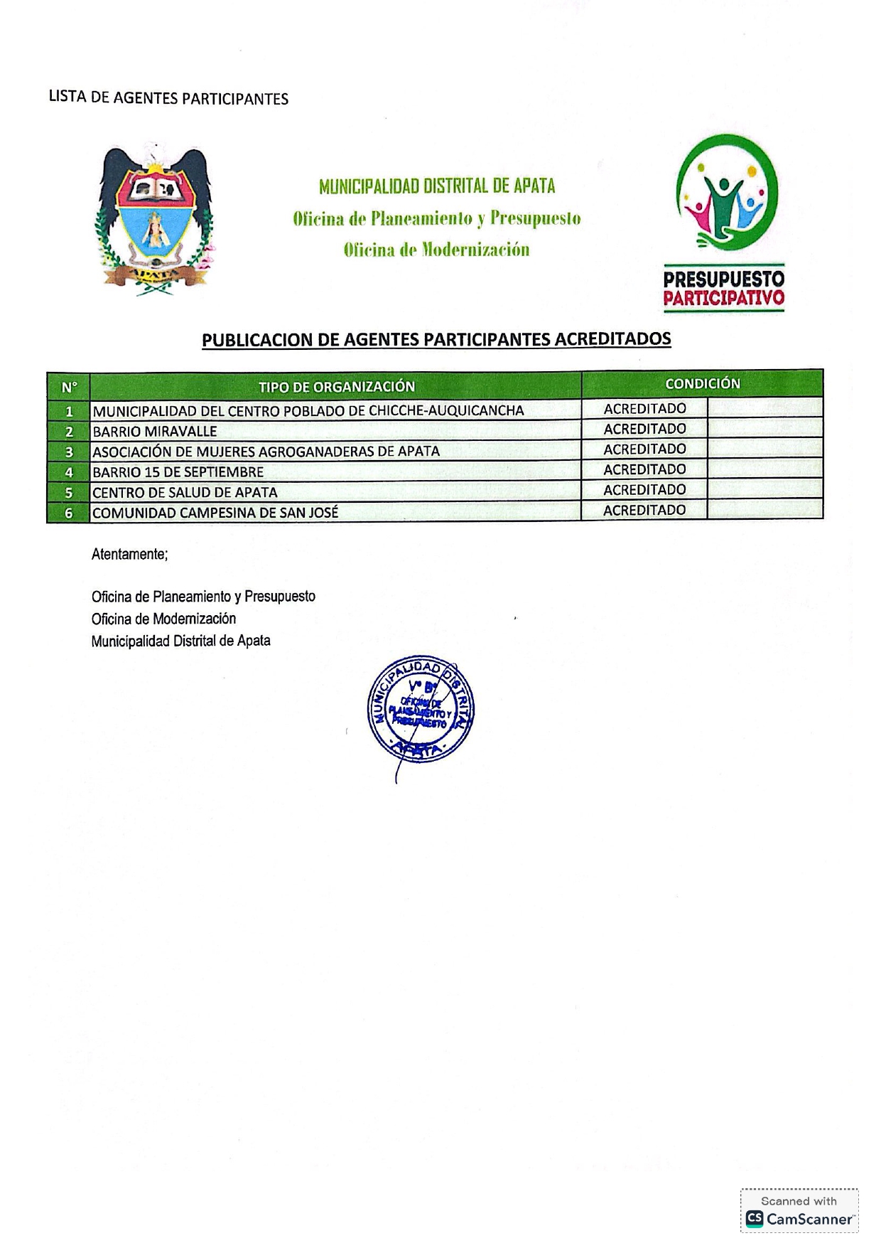 Archivo JPG sobre la Lista de Agentes Participantes Acreditados al Presupuesto Participativo Basado en Resultados 2026.
