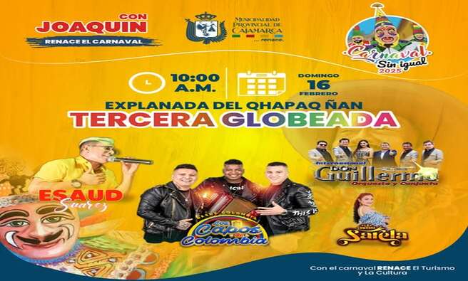 🌈 Este domingo 16 de febrero a las 10:00 a.m., la Explanada del Qhapac Ñan se llenará de alegría, música y diversión.
Con la participación de increíbles artistas como Esaud Suárez, Los Capos de Colombia, Intérpretes Don Guillermo y la talentosa Sarela, ¡será un evento que no querrás perderte! 🎶✨
Bajo el liderazgo de nuestro alcalde Joaquín Ramírez, ven a renovar el carnaval con nosotros y disfruta de un día lleno de cultura y entretenimiento.🥳