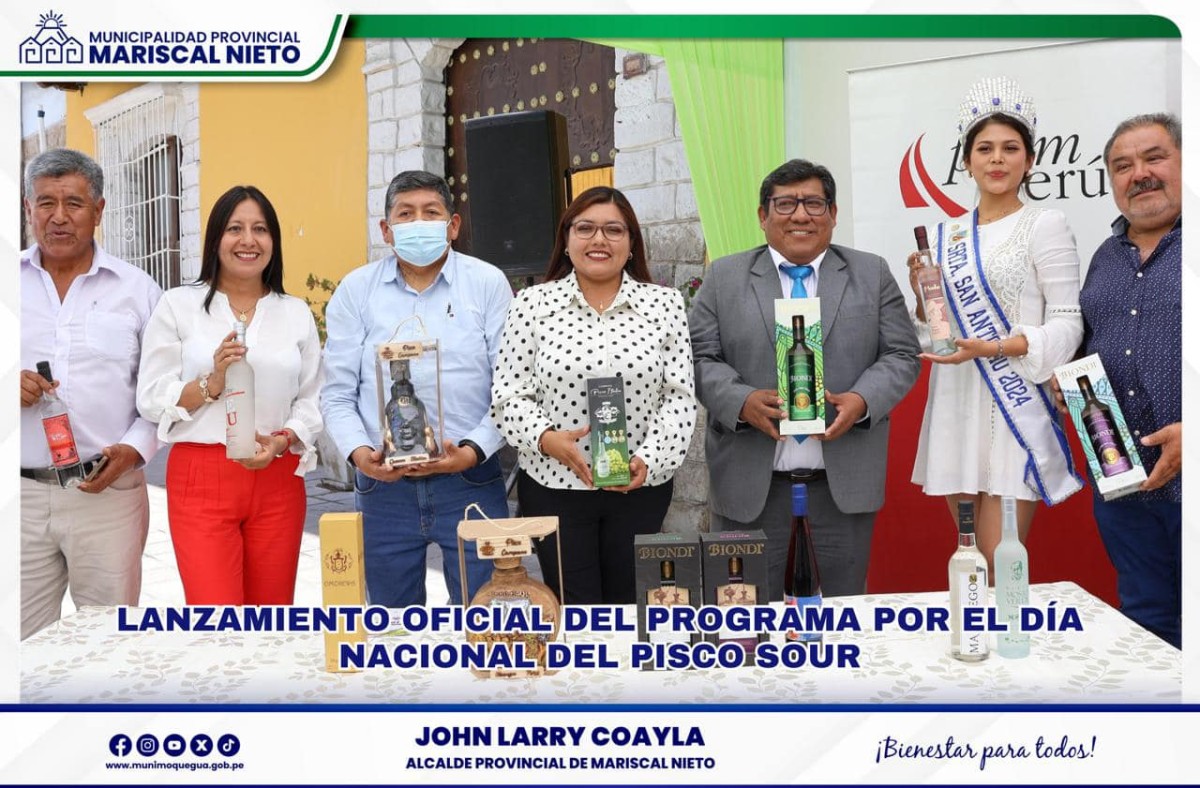 Con motivo de celebrarse el primer sábado del mes de febrero “el Día Nacional del Pisco”, el Gobierno Regional de Moquegua, la Municipalidad Provincial Mariscal Nieto y la Municipalidad Distrital de San Antonio se unen para llevar adelante el Festival del Pisco Sour 2025.