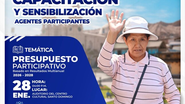 La Municipalidad Provincial Mariscal Nieto a través de la Subgerencia de Planes y Presupuesto Participativo, invita a la población organizada, instituciones públicas y privadas al I Taller de Capacitación y Sensibilización, del proceso de Presupuesto Participativo Basado en Resultados, Multianual 2026 – 2028.