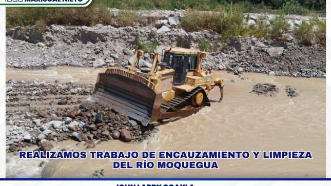 La Municipalidad Provincial Mariscal Nieto, trabaja el encauzamiento y limpieza de tramos críticos del río Moquegua, como parte de la ejecución de la ficha de mantenimiento que tiene por objeto intervenir diez zonas de riesgo identificadas entre el tramo del puente Tucumán al puente de Yaravico bajo.