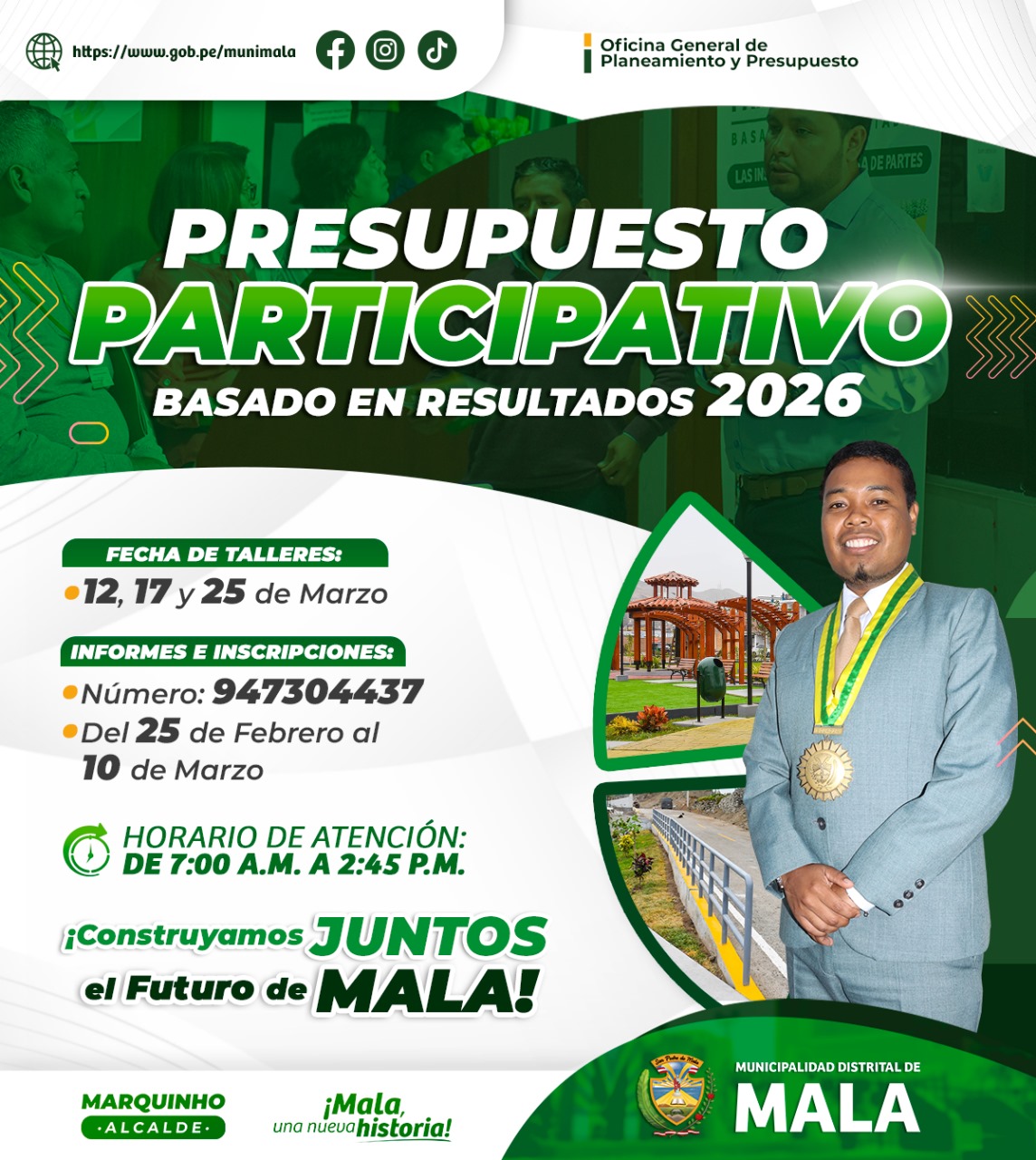 📣 ¡Atención vecinos maleños! 🏡 ¡Es hora de participar en el Presupuesto Participativo Basado en Resultados 2026 de la Municipalidad Distrital de Mala! 📊👥
🗓️ Las inscripciones para ser agentes participantes estarán abiertas del 25 de febrero al 10 de marzo.
🔴Fecha de talleres: 12, 17 y 25 de marzo
¡No pierdas la oportunidad de hacer escuchar tu voz!
🟠 Para más información e inscripciones, comunícate al celular 📲947 304 437 en el horario de atención de 7:00 a.m. a 2:45 p.m.
Tu participación es clave.
¡Construyamos juntos el futuro de Mala!
𝙈𝙖𝙡𝙖, 𝙪𝙣𝙖 𝙣𝙪𝙚𝙫𝙖 𝙝𝙞𝙨𝙩𝙤𝙧𝙞𝙖 🌄