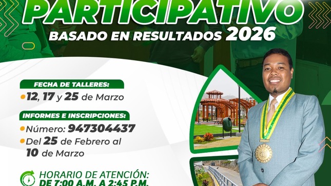 📣 ¡Atención vecinos maleños! 🏡 ¡Es hora de participar en el Presupuesto Participativo Basado en Resultados 2026 de la Municipalidad Distrital de Mala! 📊👥
🗓️ Las inscripciones para ser agentes participantes estarán abiertas del 25 de febrero al 10 de marzo. 
🔴Fecha de talleres: 12, 17 y 25 de marzo 
¡No pierdas la oportunidad de hacer escuchar tu voz! 
🟠 Para más información e inscripciones, comunícate al celular 📲947 304 437 en el horario de atención de 7:00 a.m. a 2:45 p.m. 
Tu participación es clave.
¡Construyamos juntos el futuro de Mala! 
𝙈𝙖𝙡𝙖, 𝙪𝙣𝙖 𝙣𝙪𝙚𝙫𝙖 𝙝𝙞𝙨𝙩𝙤𝙧𝙞𝙖 🌄