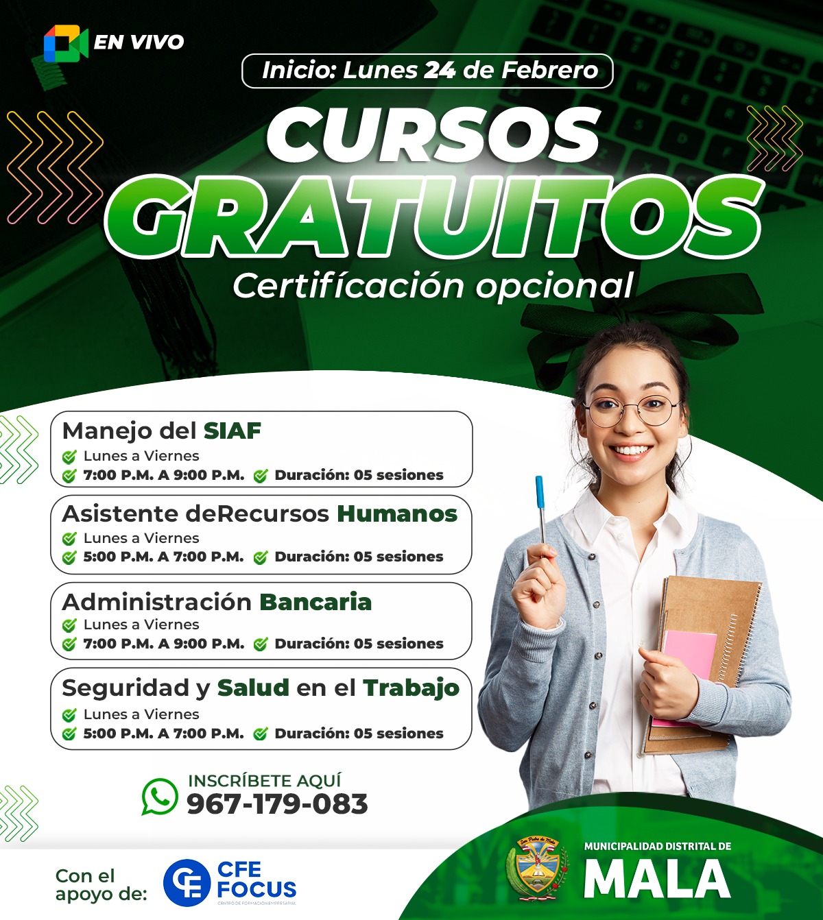 #CursosVirtuales | ✍️El Centro de Formación Empresarial FOCUS , te invita a participar de los cursos de acceso gratuito:
Inscripciones aqui: ➡️
✅ ASISTENTE DE RECURSOS HUMANOS: https://forms.gle/Fvs4HaHcdfFahiNj9
✅ ADMINISTRACIÓN BANCARIA: https://forms.gle/HRbnoAXj9BbgjXTA7
✅ MANEJO DEL SIAF https://forms.gle/qguBKem7ZHkojWjd8
✅ SEGURIDAD Y SALUD EN EL TRABAJO https://forms.gle/TWpXn2L8Xp423vg66
🗣️ ¡No dejes pasar esta gran oportunidad y participa ya! 👏🏻
#CursosVirtuales
#CursosGratuitos