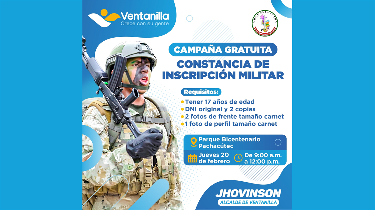 Obtén tu constancia de inscripción militar GRATIS este jueves 20 de febrero en el Parque Bicentenario de Pachacútec a las 9:00 a.m. ¡No pierdas esta oportunidad! 🎖️