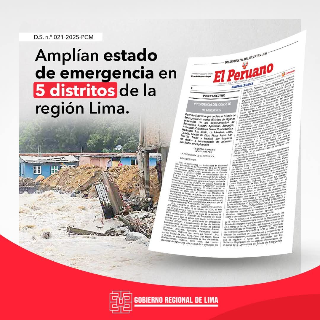 Amplían "Estado de Emergencia" en 5 distrito de la Región Lima