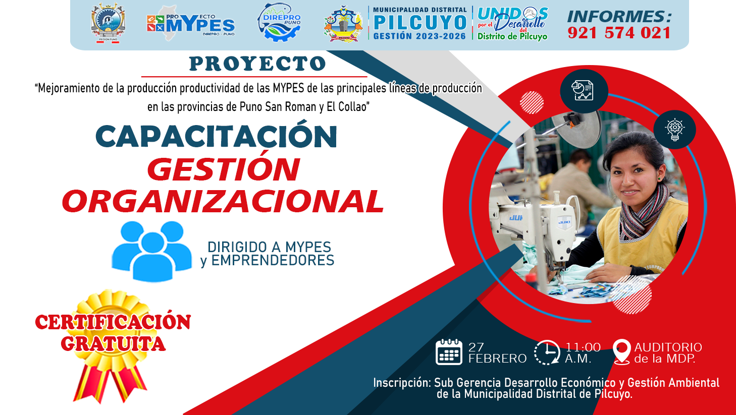 La 𝗠𝘂𝗻𝗶𝗰𝗶𝗽𝗮𝗹𝗶𝗱𝗮𝗱 𝗗𝗶𝘀𝘁𝗿𝗶𝘁𝗮𝗹 𝗱𝗲 𝗣𝗶𝗹𝗰𝘂𝘆𝗼 en coordinación con el 𝗚𝗼𝗯𝗶𝗲𝗿𝗻𝗼 𝗥𝗲𝗴𝗶𝗼𝗻𝗮𝗹 𝗱𝗲 𝗣𝘂𝗻𝗼 y la 𝗗𝗜𝗥𝗘𝗣𝗥𝗢-𝗣𝗨𝗡𝗢; te invita a participar en la capacitación con 𝐜𝐞𝐫𝐭𝐢𝐟𝐢𝐜𝐚𝐜𝐢ó𝐧 𝐠𝐫𝐚𝐭𝐮𝐢𝐭𝐚.