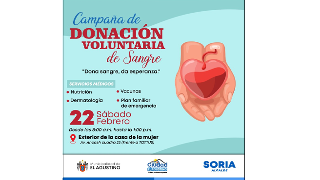 Además brindaremos una variedad de servicios médicos totalmente gratuitos.💓🩺
📌Lugar: Exteriores de la Casa de la Mujer sito en AV. Ancash cdra. 23 (Frente a Tottus)
📆Fecha: Sábado 22 de Febrero
⏰Hora: Desde las 8 a.m. hasta la 1 p.m.
Tu ayuda es vital. ¡Anímate a donar y sé un héroe para quienes más lo necesitan!