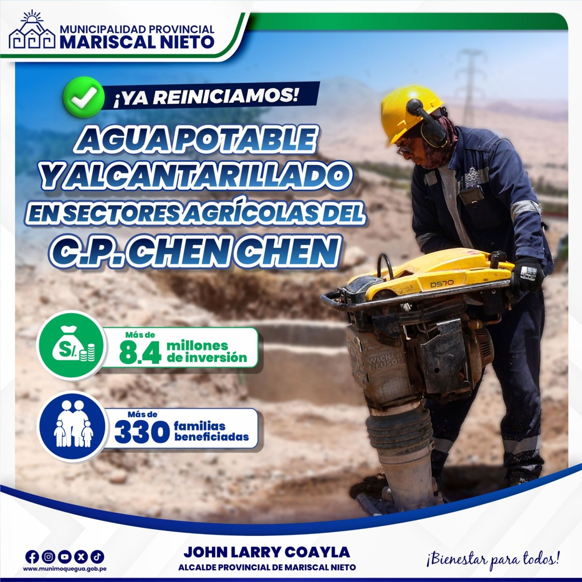 La Municipalidad Provincial Mariscal Nieto reinicia la obra de agua potable y alcantarillado en los sectores agrícolas del Centro Poblado Chen Chen, con una inversión de más de 8.4 millones de soles.