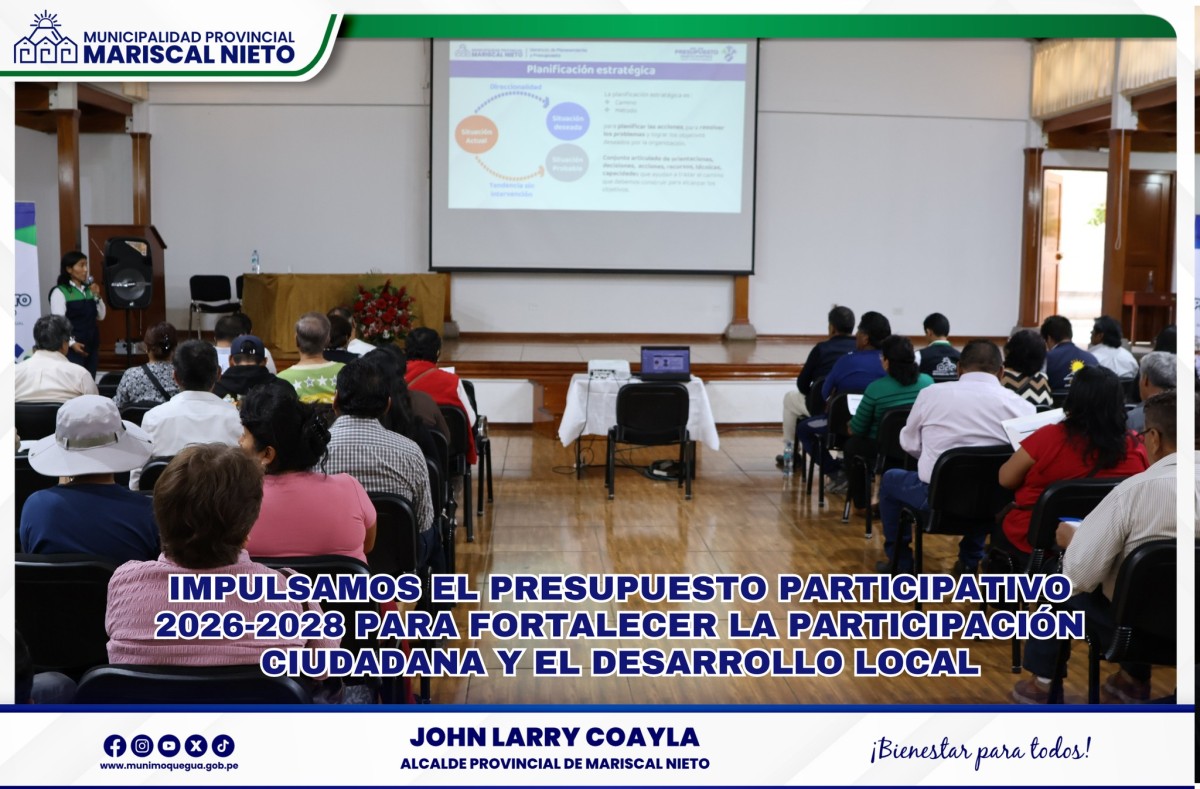Con el objetivo de capacitar y actualizar los conocimientos de la sociedad civil sobre la importancia del proceso de Presupuesto Participativo, la Municipalidad Provincial Mariscal Nieto inauguró este importante evento que busca fomentar la adecuada participación ciudadana y la concertación local.