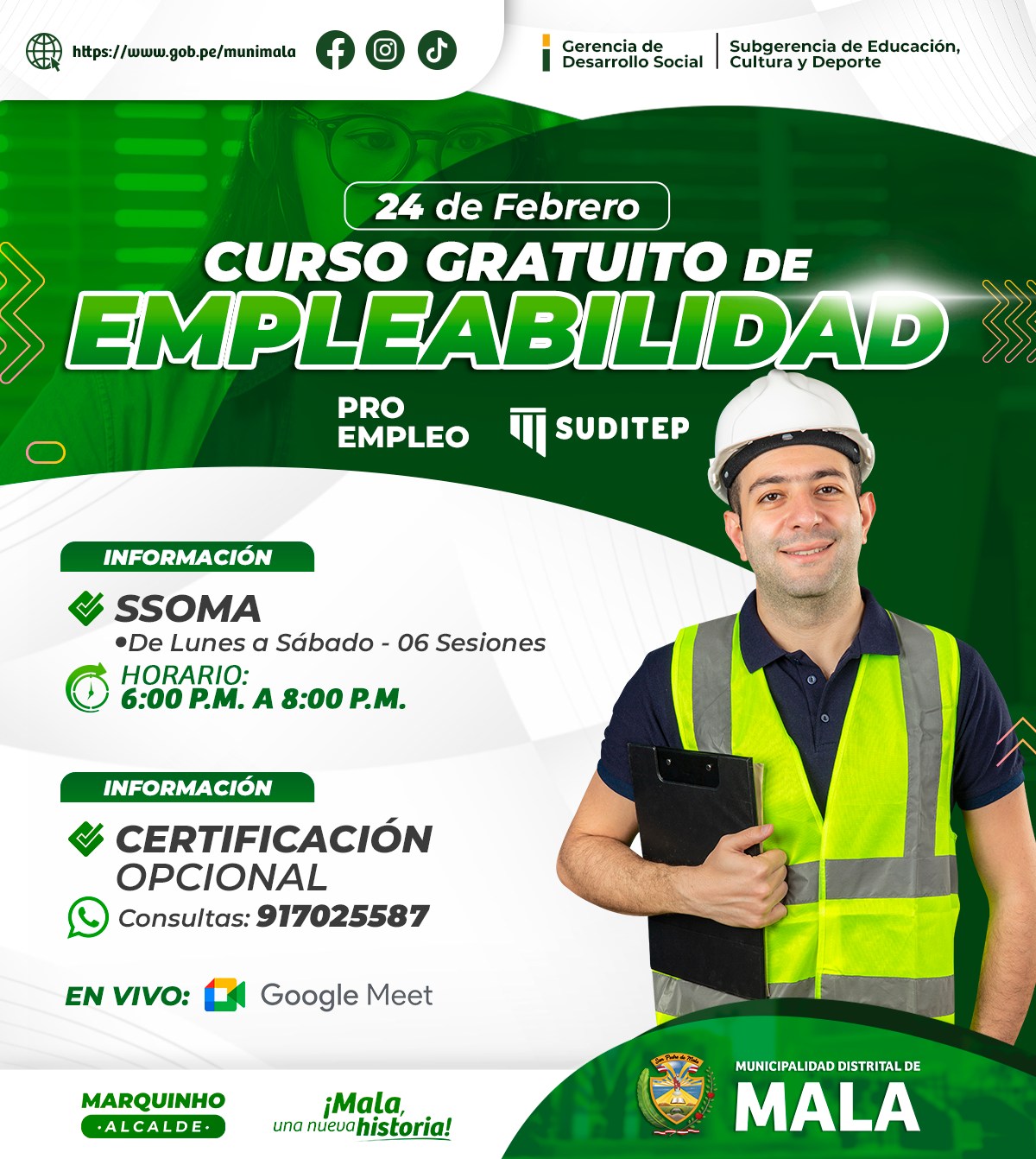 La Municipalidad de Mala y el Centro Sudamericano de Formación SUDITEP se unen para ofrecerte oportunidades de capacitación increíbles con acceso GRATUITO
SSOMA:
INICIO: 24 de febrero
Inscríbete aquí: https://forms.gle/o3SYwuM8WgiTJ7PT6
¡Inscríbete ahora y comienza a construir el futuro que siempre soñaste!
#Suditep
#Cursos100%virtuales