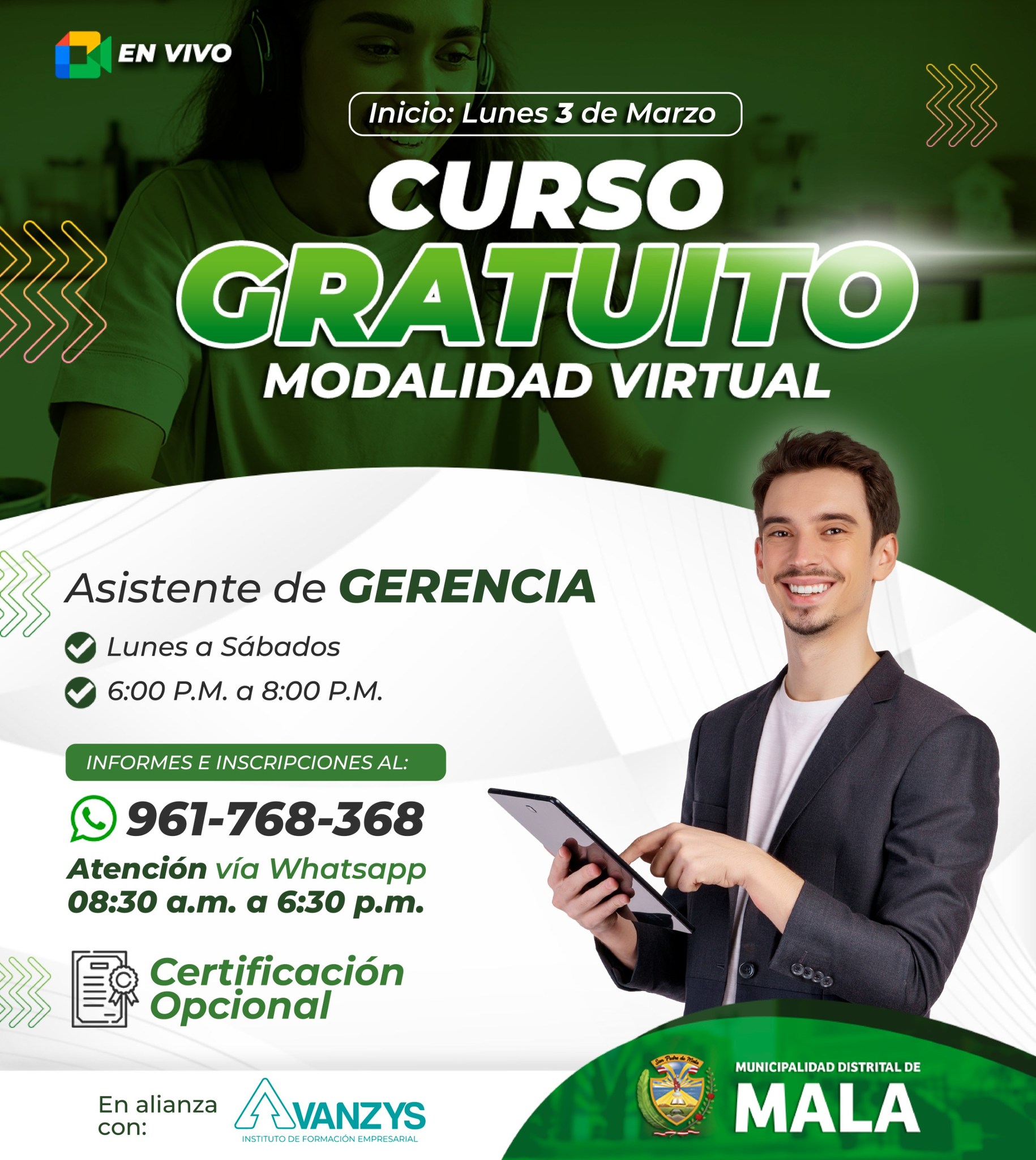 ✍ La Municipalidad de MALA , en coordinación con el Instituto de Formación Empresarial Avanzys te invita a participar en nuestro curso gratuito:
➡ INSCRÍBETE AQUÍ: https://forms.gle/zPzxApheFq8jJ6Y69
🗓 INICIO: 03 de marzo
🕰 Duración: 6 sesiones
👨🏻💻 Clases 100% online en vivo a través de meet.
🕐 Horario: Lun-Mar-Mier-Juev-Vier-Sab-/ 06:00 pm a 8:00 pm
📚 Curso gratuito, con certificación opcional.🔰
🩵 Participa Ya!! #EnAvanzysCreceSinLímites