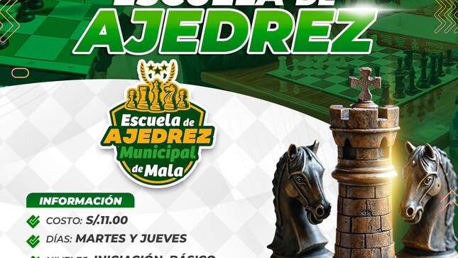 📢¡Atención vecinos!, nos complace informarles que las inscripciones para la Escuela Municipal de Ajedrez de Mala ya están abiertas. Es el momento perfecto para aprender, perfeccionar y disfrutar de este fascinante juego, ¡sin importar tu nivel de experiencia!
 Ofrecemos los siguientes niveles de enseñanza:
🟢Iniciación
🟢Básico
🟢Intermedio
🟢Preparación para Torneo
📋Costo de inscripción: s/.11.00
📅 Días: martes y jueves
📍 Lugar: Casa de la Cultura
📱 Más información al número: 925 755 465
¡No dejes pasar esta oportunidad! 🏆
✅Gerencia de Desarrollo Social
✅Subgerencia de Educación, Cultura y Deporte 
𝙈𝙖𝙡𝙖, 𝙪𝙣𝙖 𝙣𝙪𝙚𝙫𝙖 𝙝𝙞𝙨𝙩𝙤𝙧𝙞𝙖 🌄