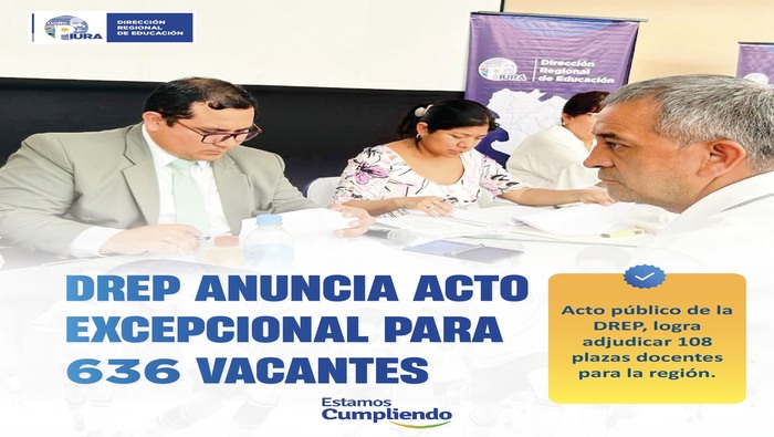 La Dirección Regional de Educación de Piura adjudica 108 plazas docentes