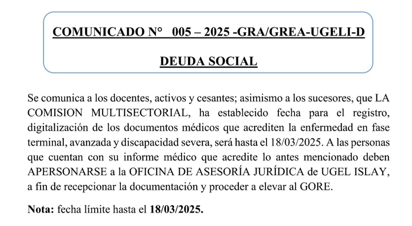 Comunicado N° 005-2025-GRA/GREA-UGELI-D