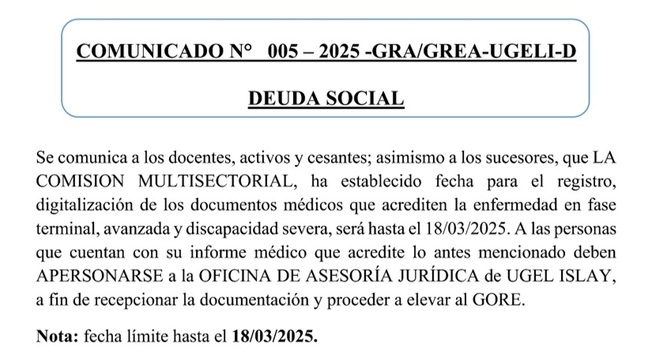 Comunicado N° 005-2025-GRA/GREA-UGELI-D