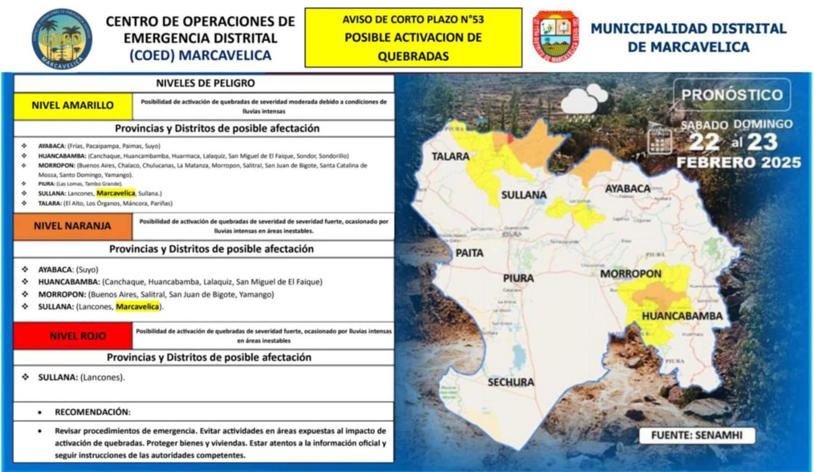 Alerta de activacion de quebradas