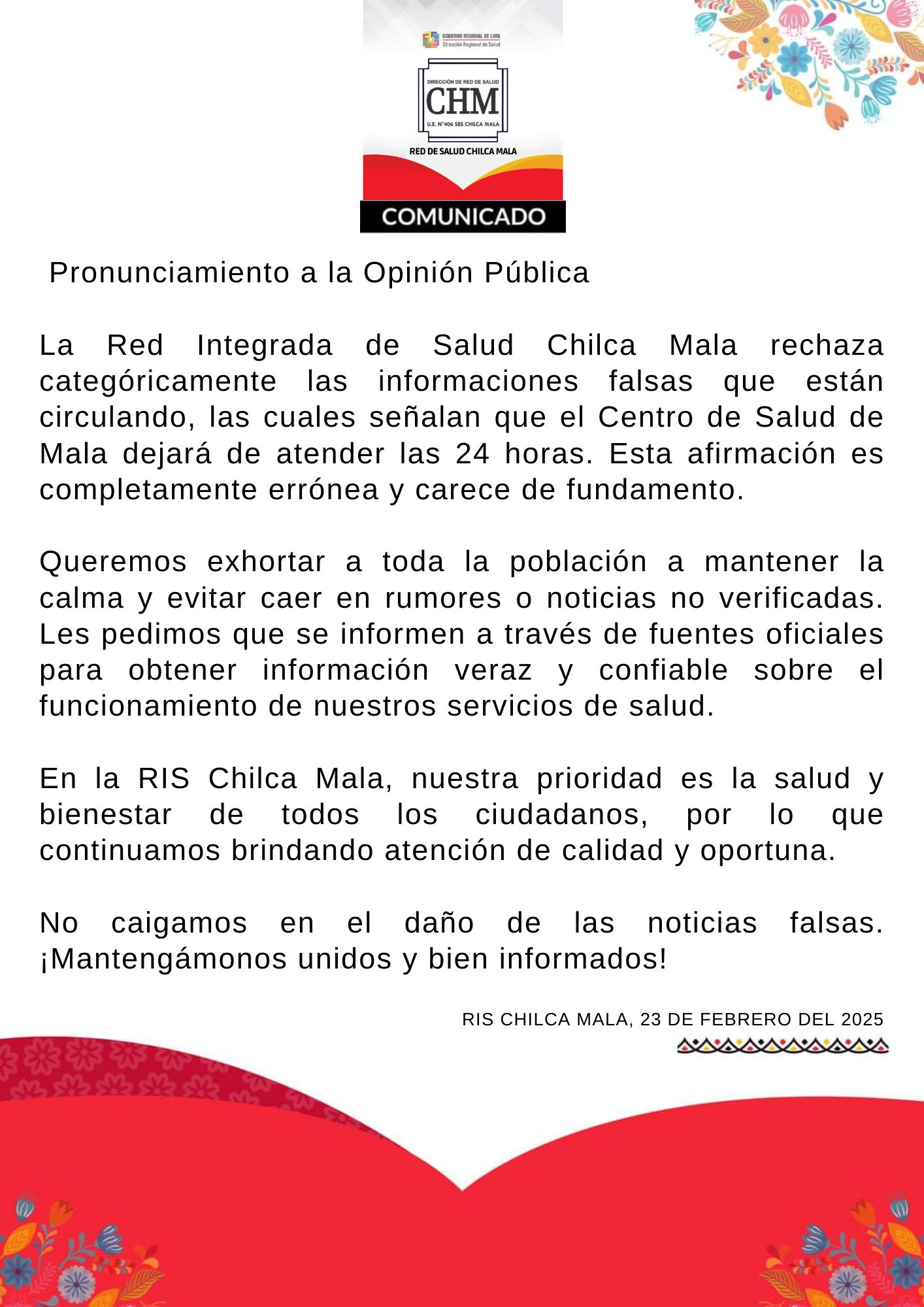 RIS Chilca Mala: Pronunciamiento a la opiniรณn pรบblica: