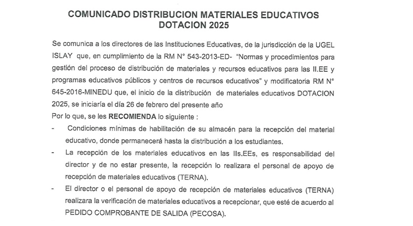Comunicado Distribución Materiales Educativos Dotación 2025