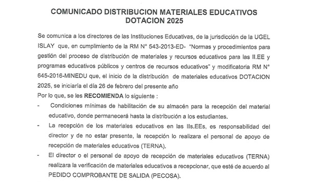 Comunicado Distribución Materiales Educativos Dotación 2025