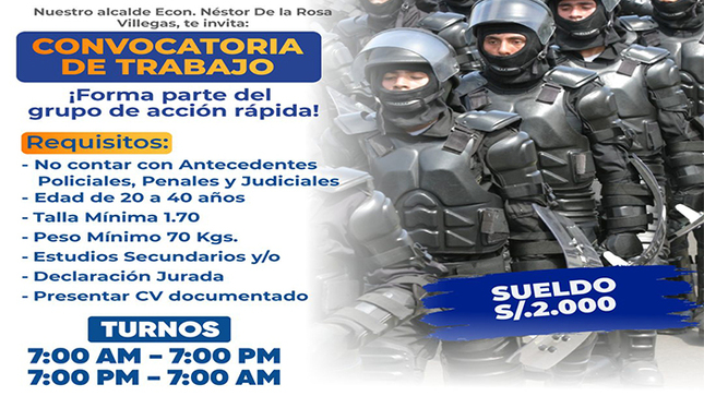 convocatoria de trabajo para formar parte del equipo de nuevos serenos y conformar el Grupo de Acción Rápida de la Municipalidad Distrital del Rímac. 
