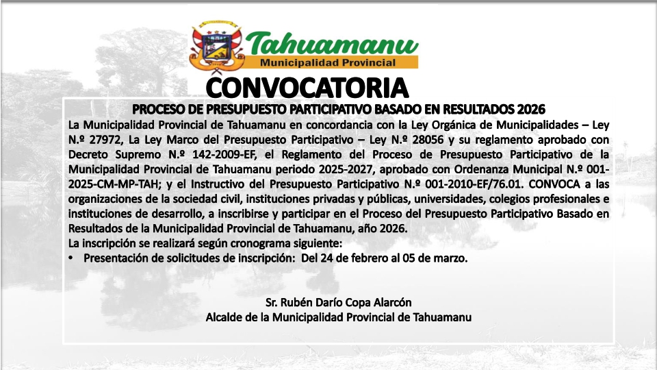 CONVOCATORIA para el PROCESO DE PRESUPUESTO PARTICIPATIVO BASADO EN RESULTADOS 2026 - 2027