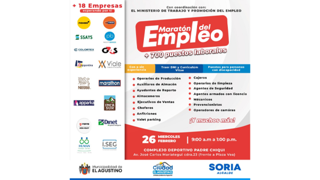 Recuerda traer tu 𝗖𝗩 y 𝗗𝗡𝗜.
📌Aplica para personas con y sin experiencia. 
📌También aplica para personas con discapacidad. 
🔥¡𝗩𝗲𝗻 𝘆 𝗮𝗽𝗿𝗼𝘃𝗲𝗰𝗵𝗮 𝗹𝗮 𝗺𝗮𝗿𝗮𝘁𝗼́𝗻 𝗱𝗲𝗹 𝗲𝗺𝗽𝗹𝗲𝗼!🏃‍♂️