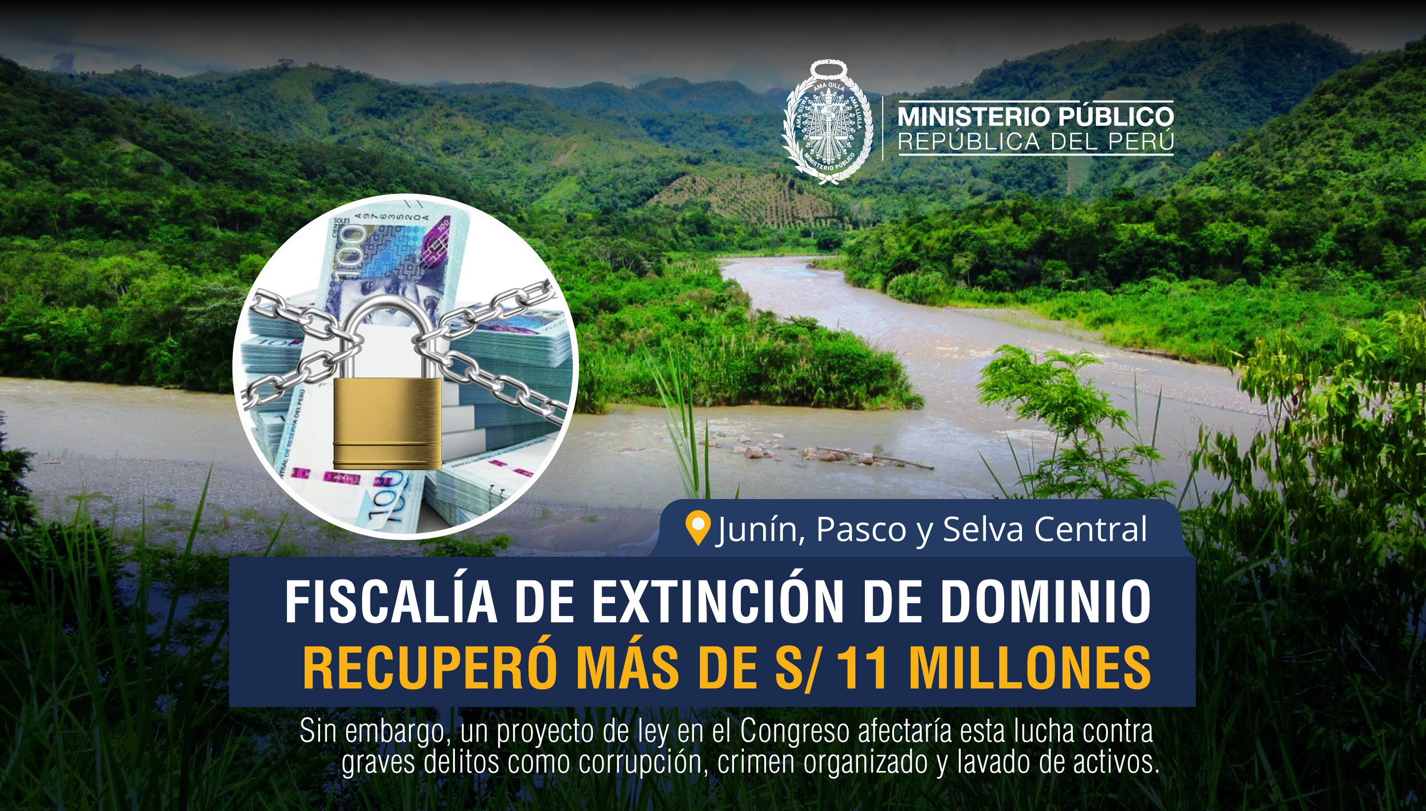 Fiscalía de Extinción de Dominio recuperó más de S/ 11 millones en Junín, Pasco y Selva Central.