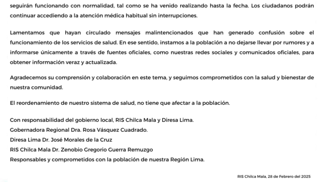 RIS Chilca Mala: Pronunciamiento a la opinión pública: