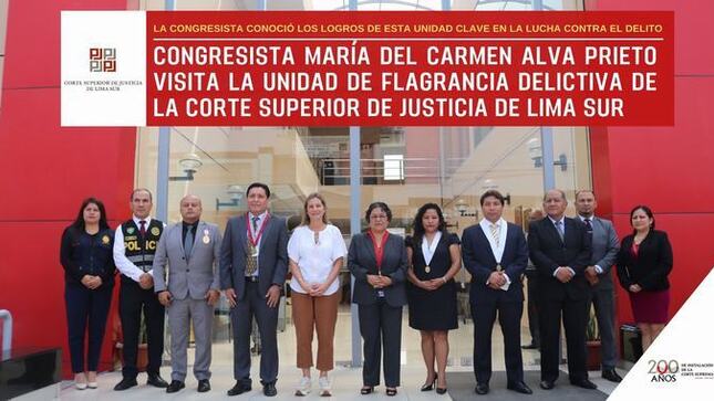 Congresista María del Carmen Alva prieto visita la Unidad de Flagrancia Delictiva de la Corte Superior de Lima Sur