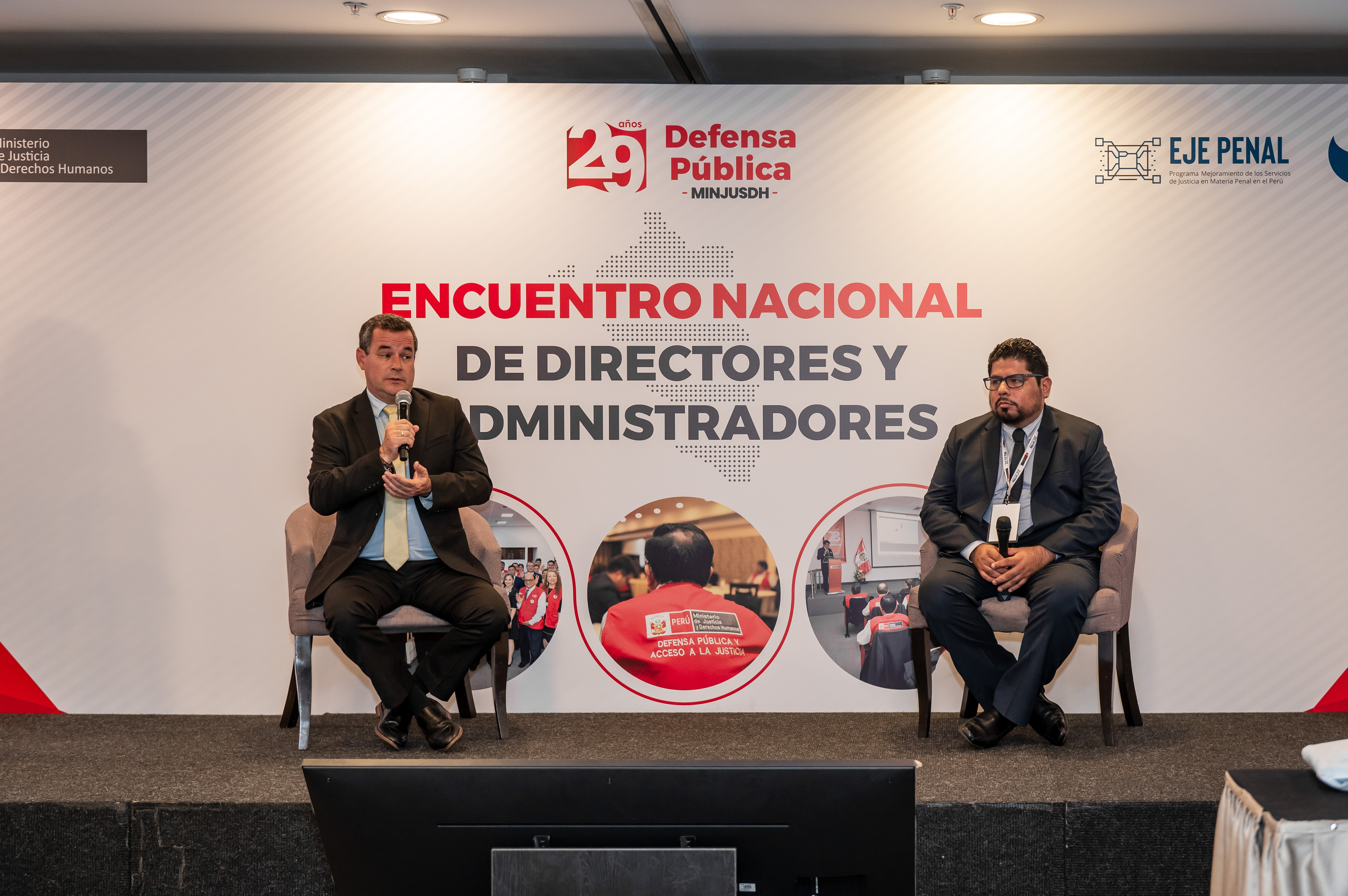 Coordinador Ejecutivo Fabrizio Terán y el Supervisor de Gestión de la Información Robert Ormeño explicando los avances del Programa EJE Penal