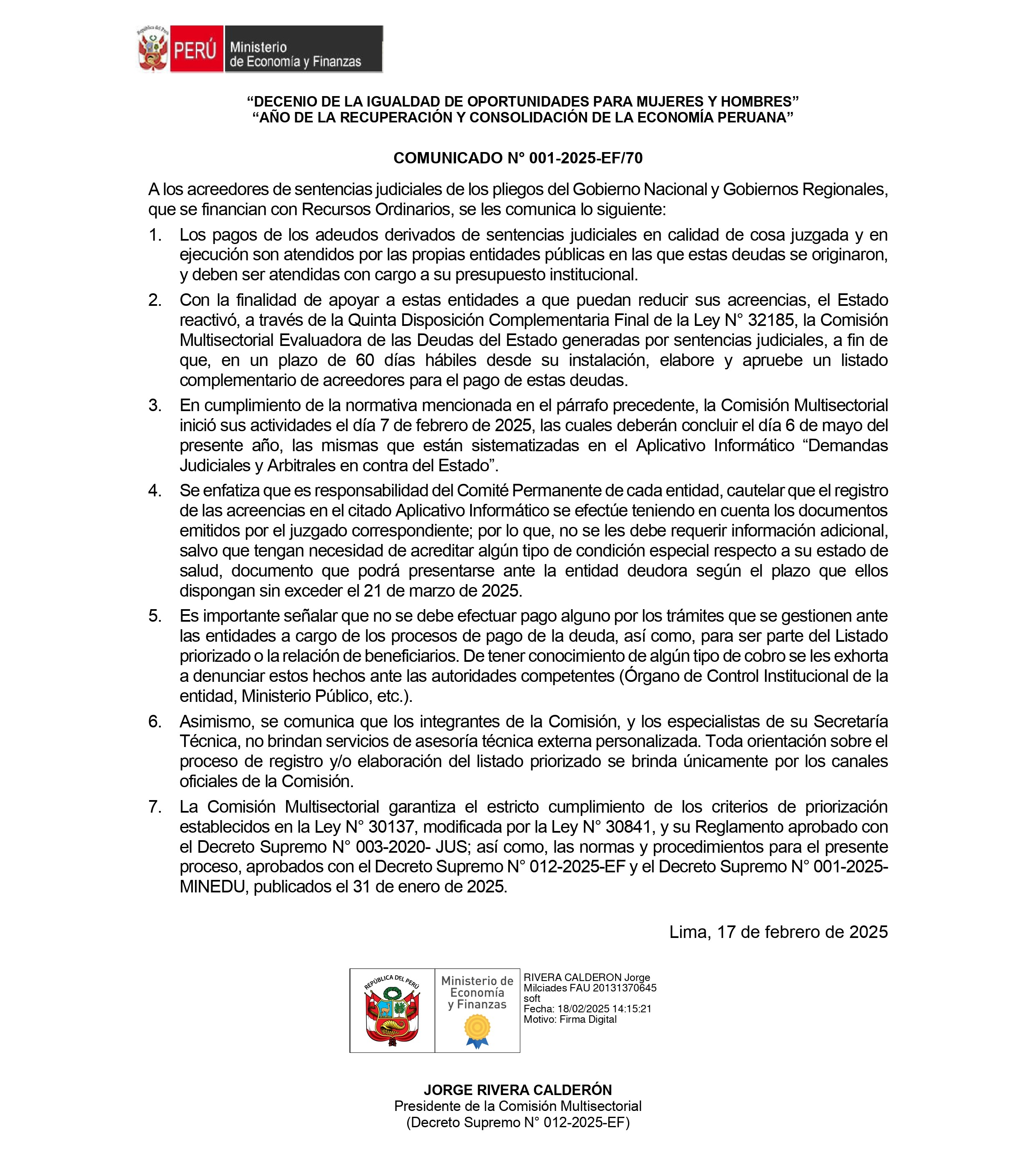 Comunicado dirigido a los acreedores de las deudas por sentencias judiciales en calidad de cosa juzgada y en ejecución de sentencia.