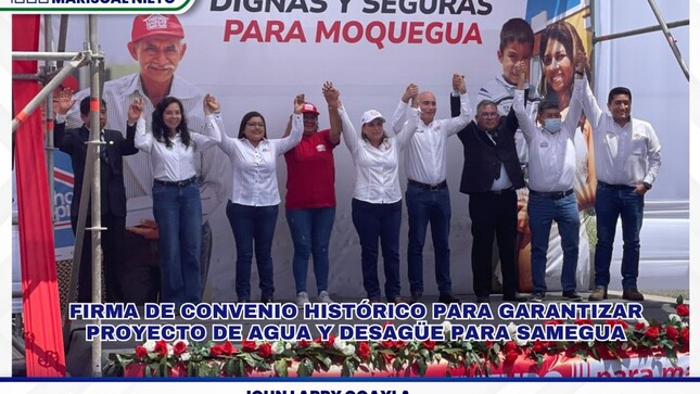 El alcalde de la Municipalidad Provincial de Mariscal Nieto, John Larry Coayla participó en un acto histórico junto a la gobernadora regional de Moquegua, Gilia Gutiérrez Ayala, la presidenta de la República, Dina Boluarte, el ministro de Vivienda, Durich Whittembury, el alcalde de la municipalidad distrital de Samegua, Juan Antonio Eyzaguirre Barrios y otras autoridades locales, para la firma del convenio entre el Gobierno Regional de Moquegua, la Municipalidad de Samegua, la EPS y el Ministerio de Vivienda.