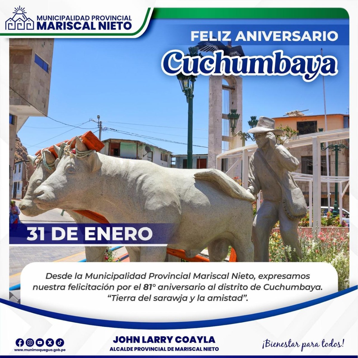 Desde la Municipalidad Provincial de Mariscal Nieto, expresamos nuestro más cálido saludo a todos los habitantes de esta hermosa tierra, conocida por su riqueza cultural y el espíritu de amistad que la caracteriza.
