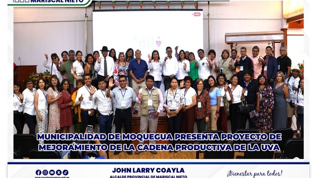 En el marco de las celebraciones del Día Nacional del Pisco Sour, la Municipalidad Provincial Mariscal Nieto presentó oficialmente el Proyecto: «Mejoramiento de los Servicios de Apoyo al Desarrollo Productivo en la Cadena Productiva de la Uva»,