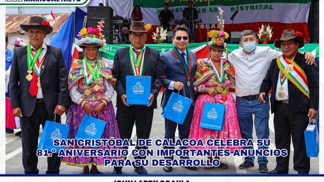 El distrito de San Cristóbal – Calacoa, celebró su 81.º aniversario de creación política con un programa festivo que reunió a autoridades regionales, locales y pobladores en un ambiente de integración y desarrollo. En representación de la Municipalidad Provincial de Mariscal Nieto, participaron el alcalde John Larry Coayla y el Regidor Rudolf Gutiérrez,