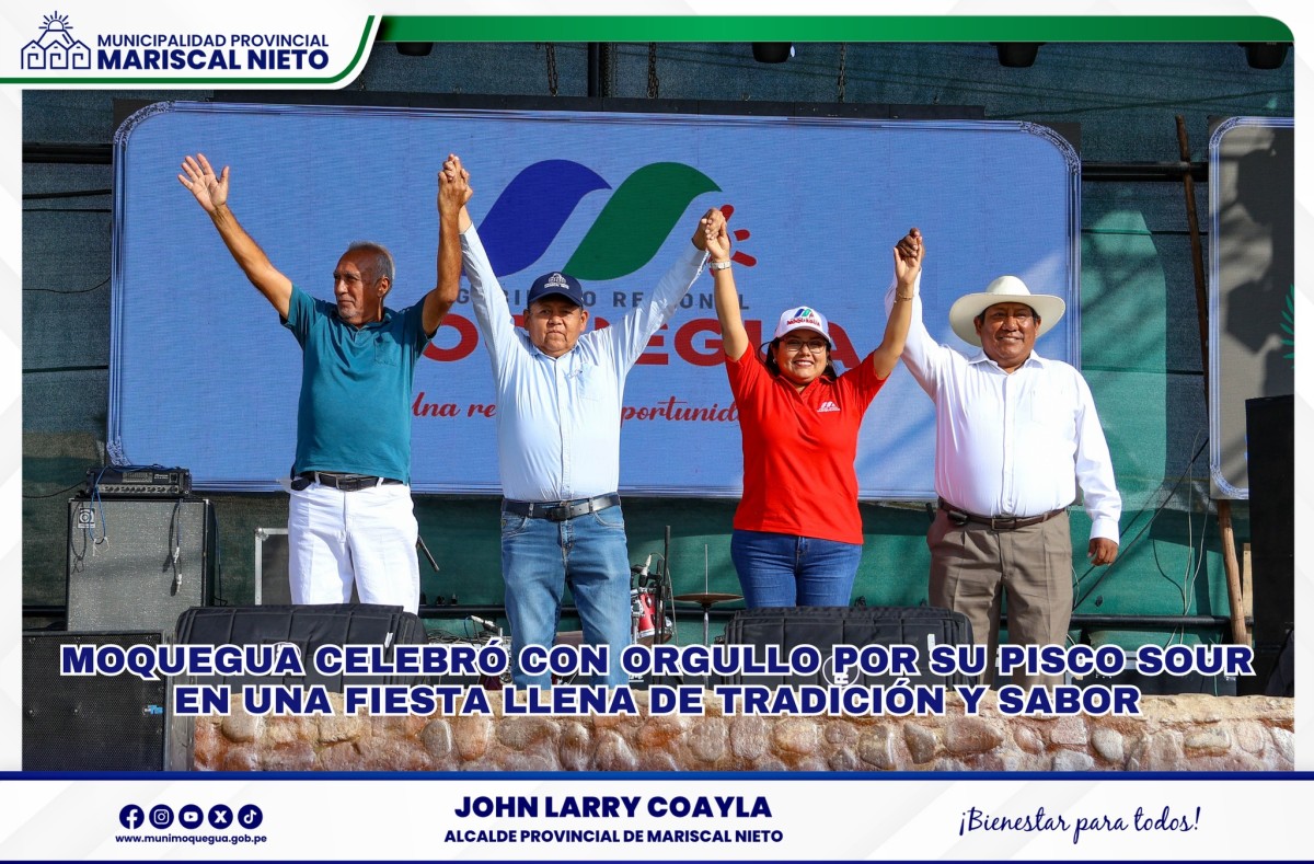 Moquegua celebró con gran entusiasmo el Día del Pisco Sour 2025, en un evento protocolar realizado en el Campo Ferial Alfonso Gambeta, donde participaron el alcalde provincial, CPC John Larry Coayla, la Gobernadora Regional, Srta. Gilia Gutiérrez, y el alcalde distrital de San Antonio, Ing. Santos Villegas Mamani.